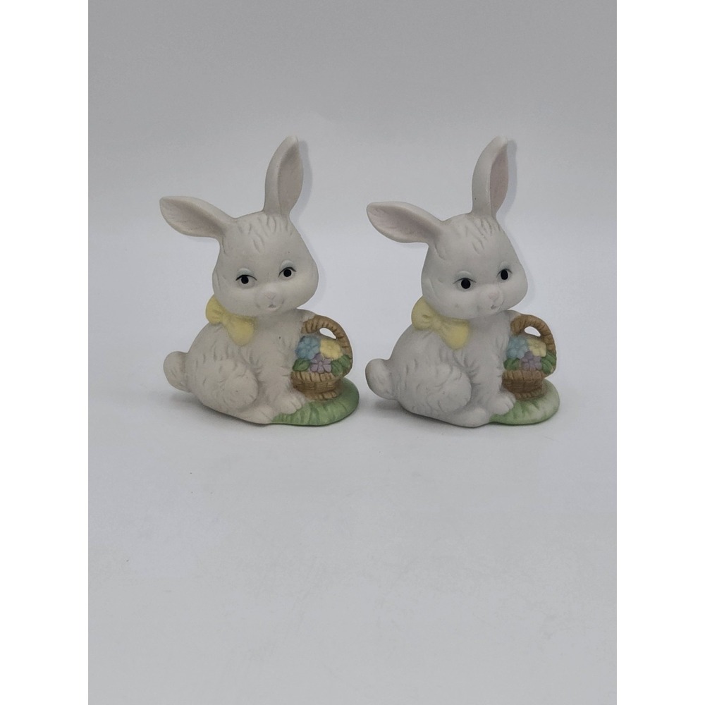 Vintage White Bunny Rabbit Figurines Set of 2 Easter Bisque Ceramic Spring Decor